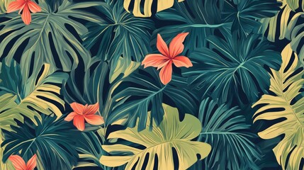 Fototapeta premium Tropical palm leaves in a seamless stylish floral pattern with a Hawaiian theme