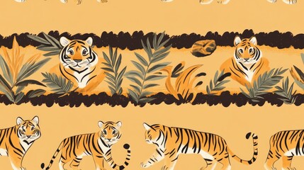 Adorable safari tiger animal border ideal for children s room decor Seamless big cat furry brown textured print design suitable for any gender
