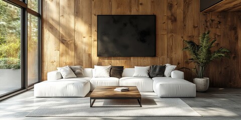 Modern Living Room with Wooden Walls and Minimalist Decor