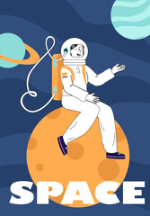 Woman in space poster. Young girl in spacesuit sitting at planet. Astrology and astronomy. University and galaxy. Cosmic travel and adventure. Linear vector illustration