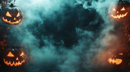 Fototapeta premium A Halloween scene with smoke and pumpkins