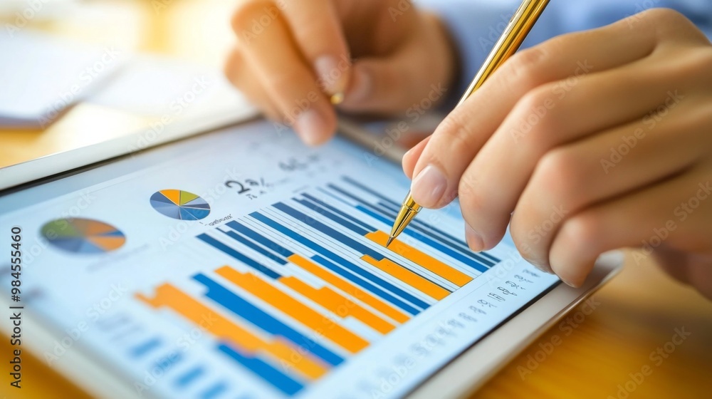 Aufkleber A professional analyzing gold price graphs on a tablet, with clear line charts and bar graphs showing market fluctuations and trends.