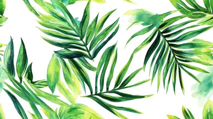 Fototapeta premium Tropical palm leaves in a vibrant floral watercolor seamless pattern featuring green palm tree branches on a white background Jungle forest texture suitable for creative wrapping and natural decor