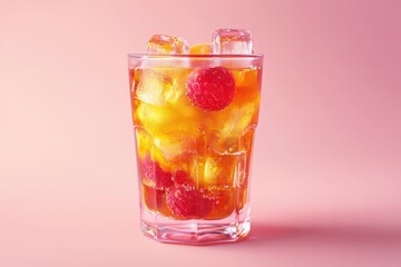 Refreshing fruit ice tea on pink background.
