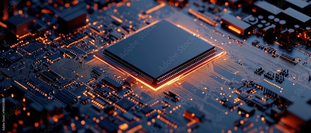 Poster a close-up of a computer chip on a circuit board, illuminated with orange light.
