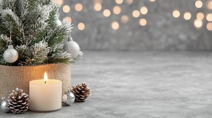The small Christmas tree, adorned with white ornaments and nestled in a burlap pot, adds warmth to a minimalistic tabletop, complemented by soft bokeh lights and a flickering candle