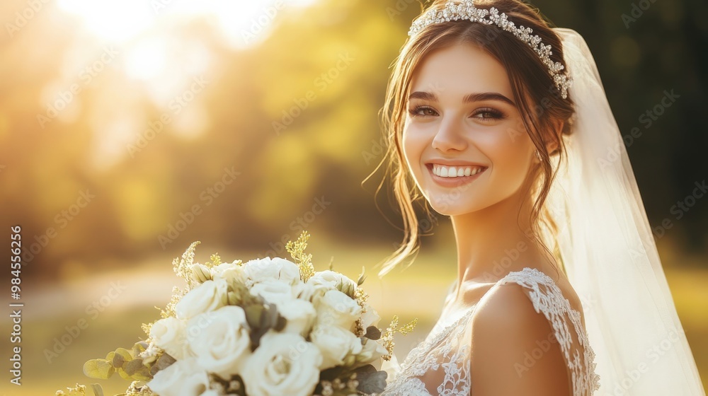 Sticker  Smiling Bride in Sunlight Holding a Bouquet of White Flowers 