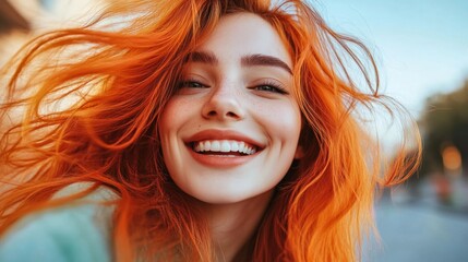 Fototapeta premium happy woman with orange colored hair selfie
