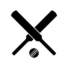 Cricket bat ball icon. Simple solid style. Crossed cricket bats with ball, accessories, wood, wicket, baseball, sport concept. Black silhouette, glyph symbol. Vector illustration isolated.