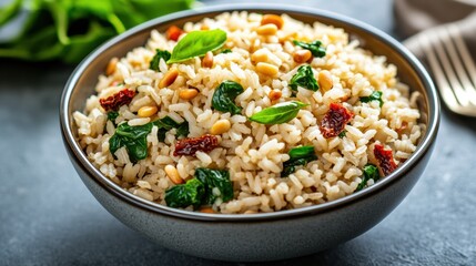 Delicious Rice Bowl with Spinach and Pine Nuts