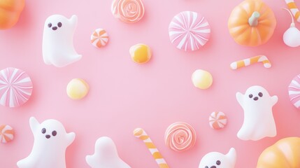 A soft pastel Halloween background with candy illustrations and whimsical ghosts, providing plenty of space for custom text or holiday greetings.