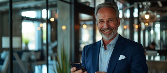 Naklejka premium Portrait of a senior gray-haired male doctor standing in a suit outside the office and using a mobile phone, reading the news, typing a message, waiting for an appointment.