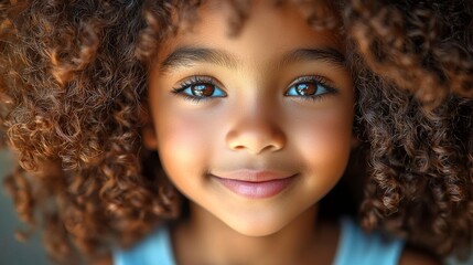 Fototapeta premium close up, 10 year old Brazilian African American girl, with curly hair, perfect curls, smiling, commercial image. 