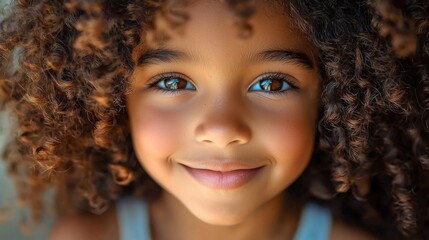 Fototapeta premium close up, 10 year old Brazilian African American girl, with curly hair, perfect curls, smiling, commercial image. 