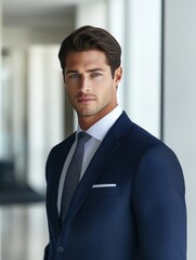 Fototapeta premium A man in a blue suit and tie is standing in front of a window
