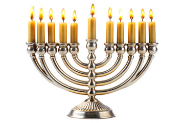 Silver menorah with nine burning candles for hanukkah