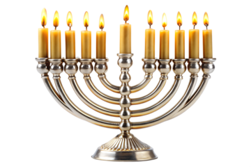 Silver menorah with nine burning candles for hanukkah