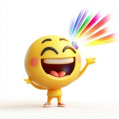 Fototapeta premium A 3D cartoon emoji holding a bright prism that shoots out beams of colorful light, showing creative expression, on a white background 