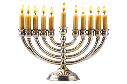 Silver menorah with nine burning candles for hanukkah