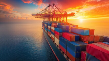 Vibrant Sunset Over a Cargo Ship Loaded with Colorful Shipping Containers in the Open Sea
