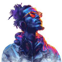 A portrait of a man wearing headphones and sunglasses with a colorful abstract background.
