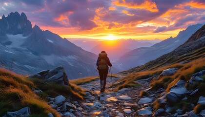 Breathtaking sunset hike on a rugged trail amidst majestic mountains and vibrant sky colors, embodying the spirit of adventure