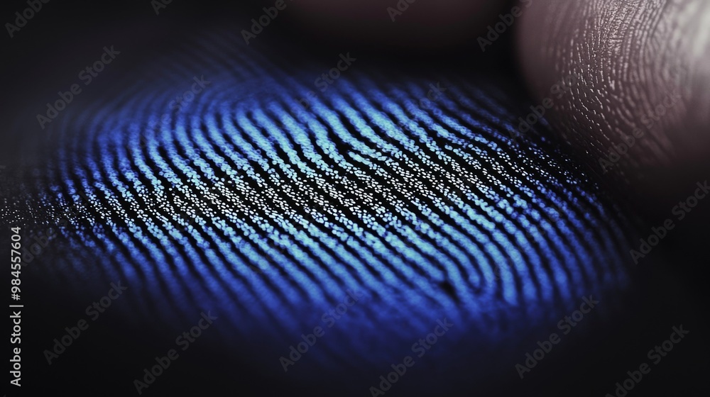 Poster close-up view of a human fingerprint displaying vibrant blue patterns, highlighting the unique ridge