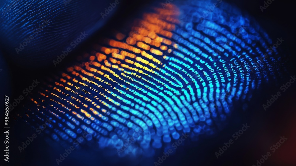 Poster close-up view of a vibrant fingerprint showcasing intricate patterns and colors against a dark backg