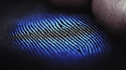Close-up view of a human fingerprint displaying vibrant blue patterns, highlighting the unique ridges and lines under specific lighting, emphasizing the details of biometric identification