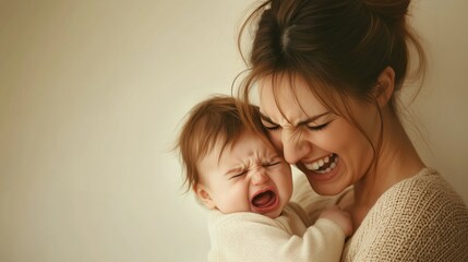 Mother holds baby while both express strong emotions in a tender moment of connection indoors during the daytime