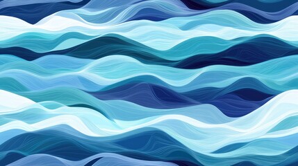 Fototapeta premium Wavy pattern created by large and thin curved lines in shades of sea water featuring waves in blue cyan azure and turquoise hues
