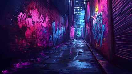 A dark, atmospheric alleyway with colorful, mysterious graffiti covering the walls. Graffiti Alley. Illustration © Thiago