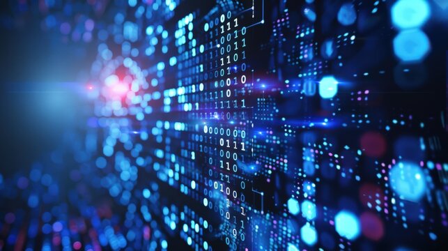  An abstract digital background with binary code and AI algorithms running in the background 