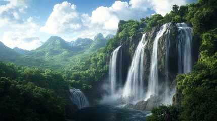 Fototapeta premium A breathtaking waterfall surrounded by lush green mountains under a bright blue sky, showcasing nature's beauty and tranquility.