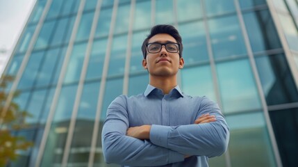 A confident young business leader standing with arms crossed in front of a glass office building, symbolizing success, empowerment, and professional growth. Perfect for leadership, career development,