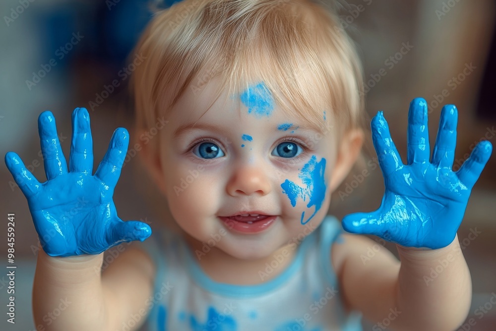 Poster Baby with blue paint in hand 