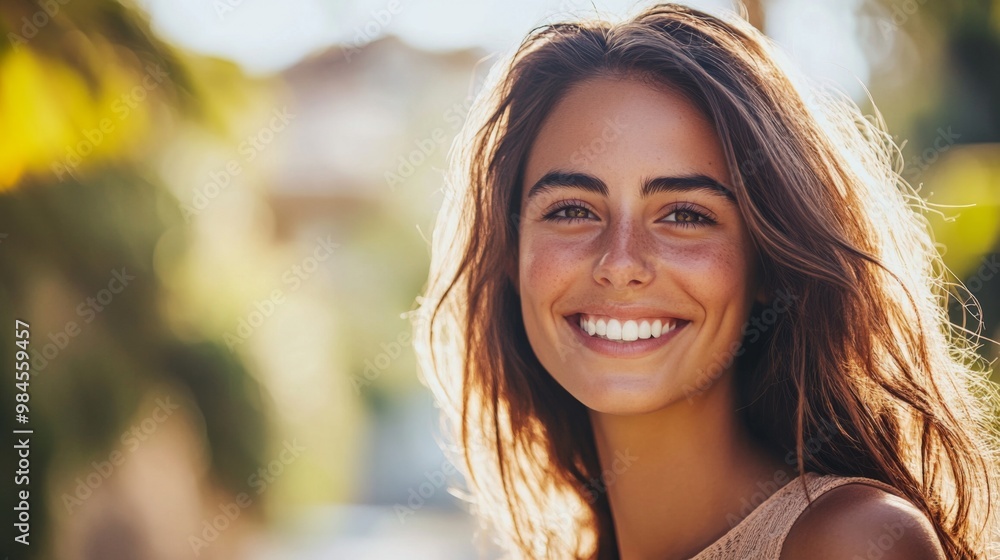 Wall mural Smiling woman looking at the camera. A friendly and approachable image often used in lifestyle, travel, or fashion content