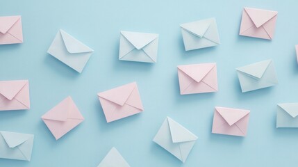 Multiple white envelopes of varying sizes arranged on an orange background, representing communication, mailing, and message delivery concepts.