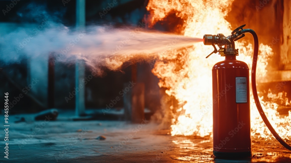 Wall mural a fire extinguisher combating flames in an industrial setting, showcasing emergency response and saf