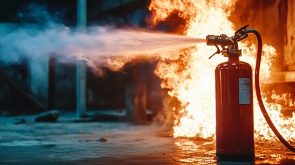 A fire extinguisher combating flames in an industrial setting, showcasing emergency response and safety equipment in action.