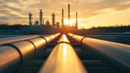A large industrial refinery emits smoke at sunrise, showcasing energy production, pollution, and environmental impact against a glowing sky.