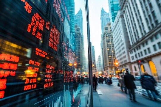 People walk past a stock market ticker in a bustling urban area as evening descends on a financial district - Powered by Adobe