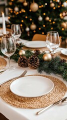 Fototapeta premium A beautifully arranged Christmas table features green and gold decorations with white plates, pine cones, and candles, creating a warm festive ambiance