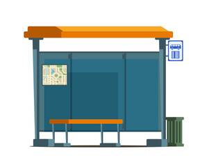 Empty bus stop. Waiting station with bench, traffic map, bus sign and trash bin. Modern design element for urban infographic. Flat vector illustration isolated on transparent. © backup_studio
