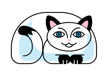 Cute cartoon white cat. Lying kitten with smiling face. Silhouette of domestic animal. Funny vector illustration isolated on transparent background.