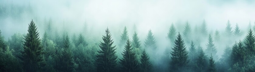 Obraz premium A misty forest landscape, enveloped in a mysterious fog, showcasing tall evergreen trees against a serene backdrop of nature.
