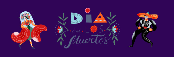 Day of dead. Dia de los muertos. Mexican flower pattern with holiday title and dancing man and woman. Colorful cartoon vector illustration isolated on blue.