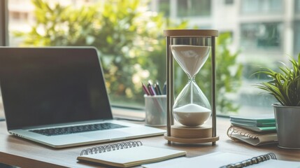 A sand timer placed on a modern office desk with a laptop and notebooks, symbolizing time management and productivity.