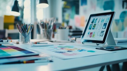 A designer's desk with a sketchpad, color palettes, and a tablet in a bright studio, symbolizing creativity and artistic innovation. Ideal for design, art, and creativity projects.