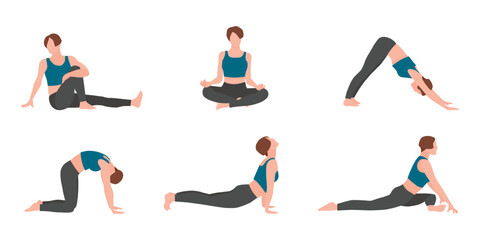 Woman yoga poses vector illustration set. Female person practicing different asanas poses. Meditation, relaxation. Healthy living. Sports club, fitness exercises banner, poster, design element.